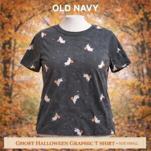 Old Navy Ghost Halloween Graphic T Shirt Small Gray Pumpkin Print Cotton Tee